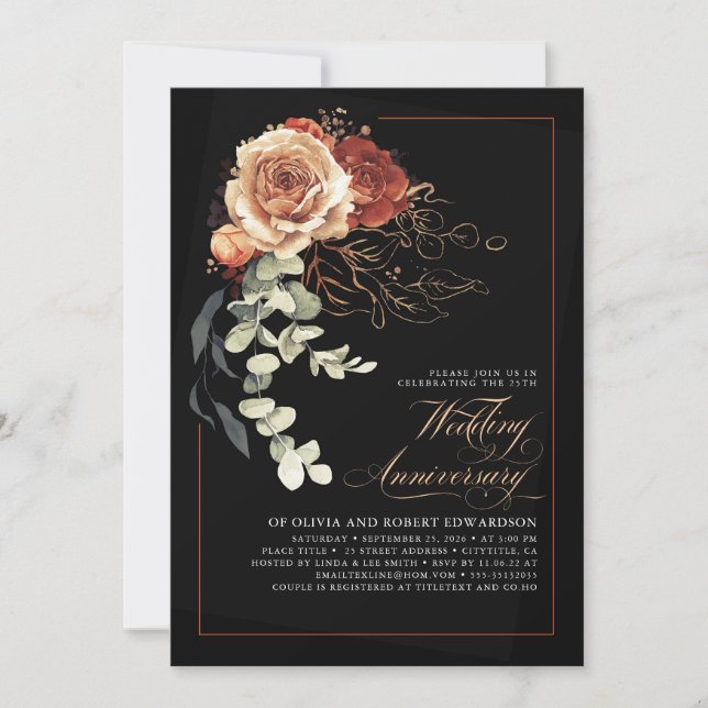 Terracotta and Black Floral Wedding Anniversary Invitation (Front)