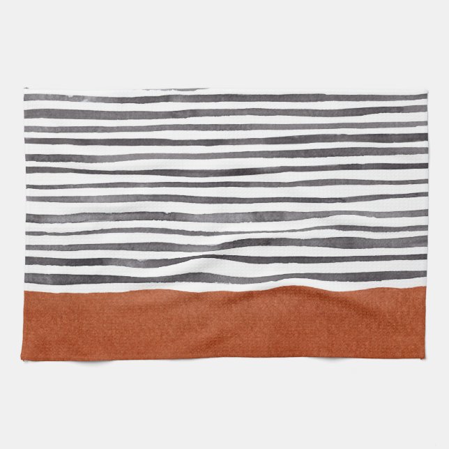 Terracotta and Black White Stripes   Tea Towel (Horizontal)
