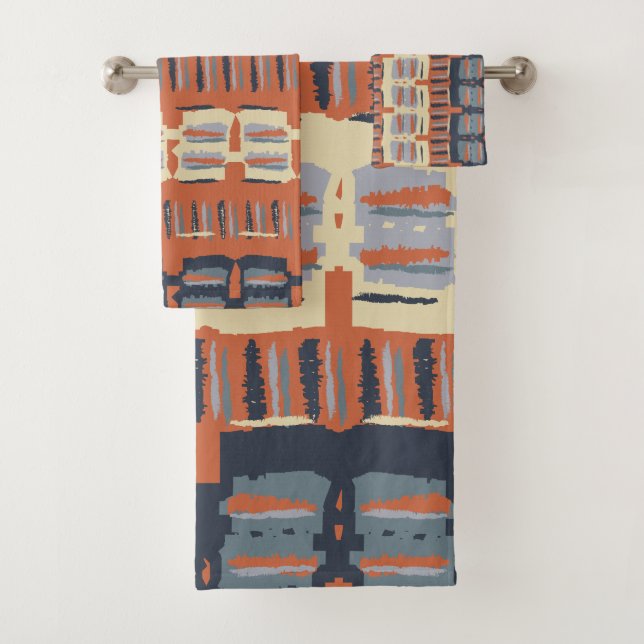 Terracotta and Blue Abstract Stripes Bath Towel Set (Insitu)