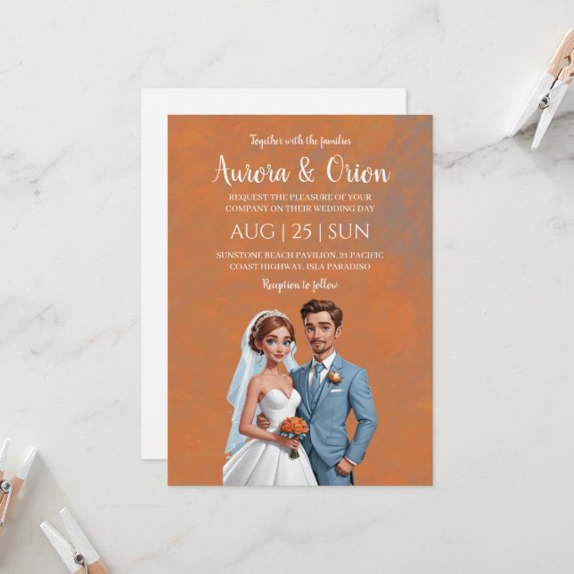 terracotta and dusty blue wedding invitations (Front/Back In Situ)