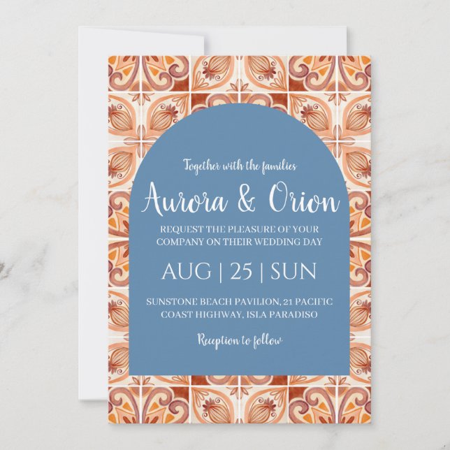 terracotta and dusty blue wedding invitations (Front)