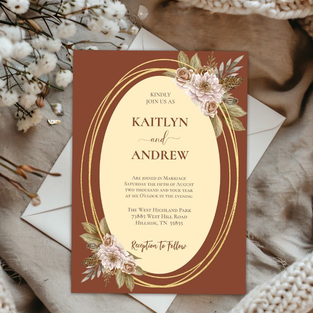 Terracotta and Gold Elegant Boho Floral Wedding (Terracotta and Gold Foil Boho Chic Elegant Floral Rustic Watercolor Wedding Invitation)