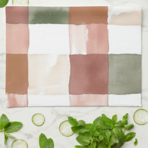 Terracotta and Green Watercolor Plaid Gingham Tea Towel