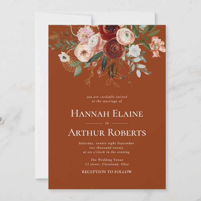 terracotta and greenery floral wedding invitation (Front)