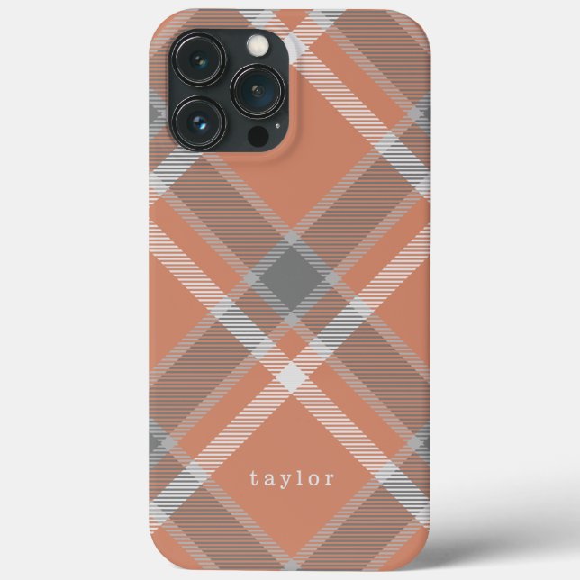 Terracotta and Grey Tartan Plaid with Name Case-Mate iPhone Case (Back)