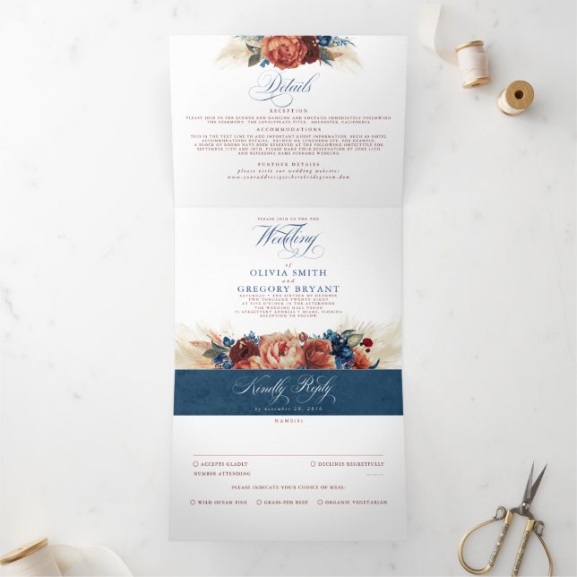 Terracotta and Navy Blue Elegant Boho Wedding Tri-Fold Invitation (Inside)