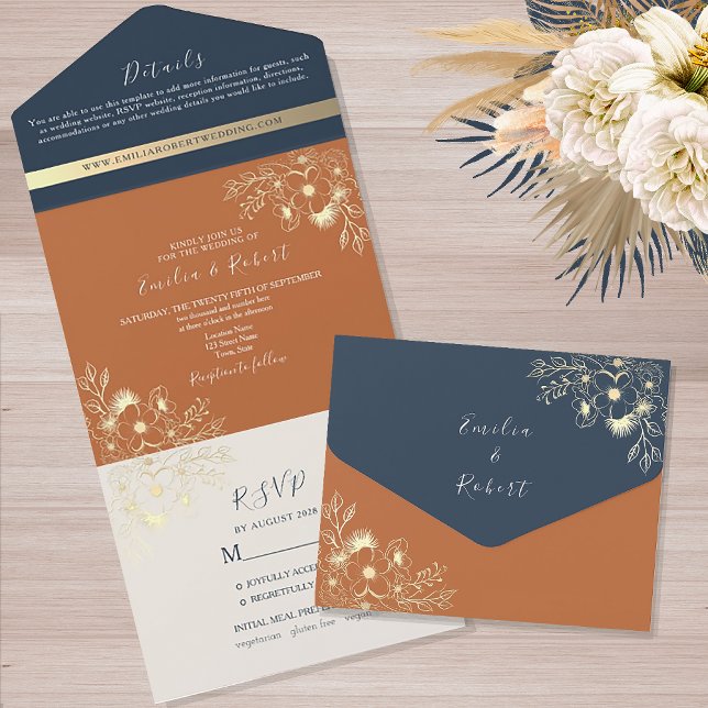 Terracotta and Navy Blue Floral Wedding All In One Invitation (Creator Uploaded)