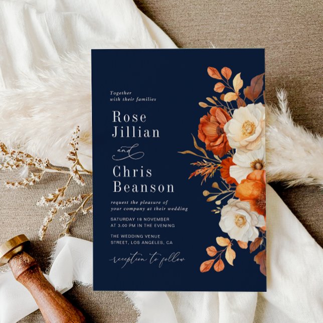 Terracotta And Navy blue Floral Wedding Invitation (Creator Uploaded)