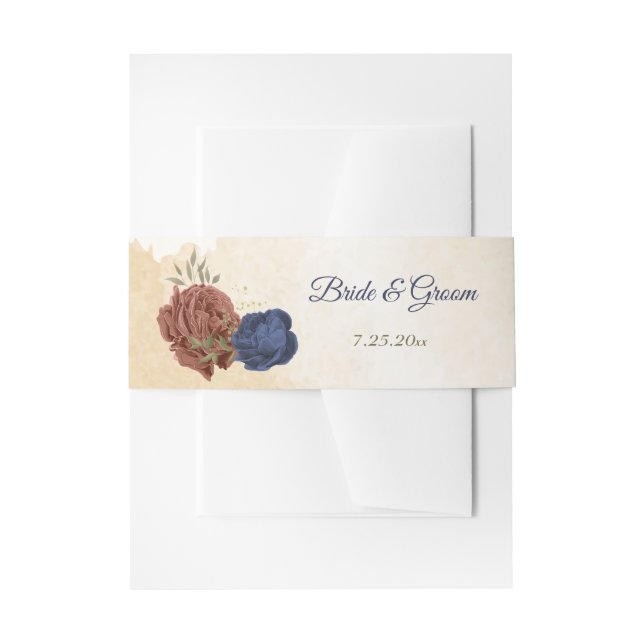 terracotta and navy blue flowers wedding invitation belly band (Front Example)