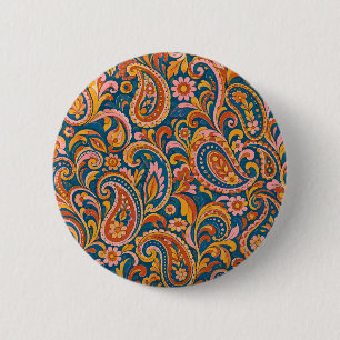 Terracotta and Navy Blue Paisley Round Button