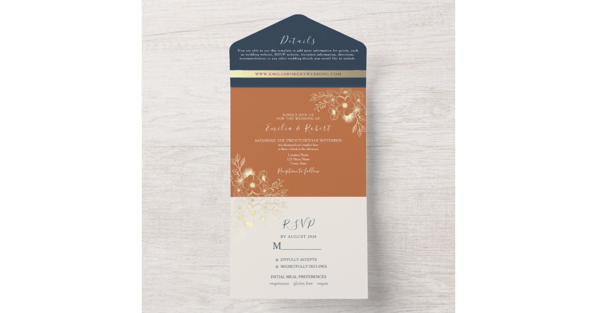 Terracotta and Navy Blue Wedding All In One Invitation