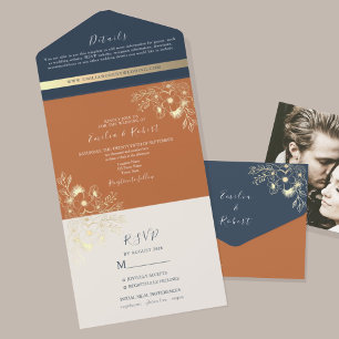 Terracotta and Navy Blue Wedding All In One Invitation