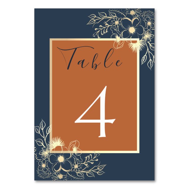 Terracotta and Navy Blue Wedding Table Number (Front)