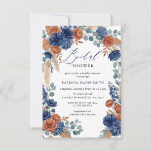 Terracotta and Navy Floral Greenery Bridal Shower Invitation