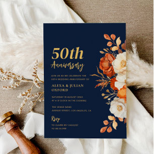 Terracotta And Navy Floral Wedding Anniversary Invitation