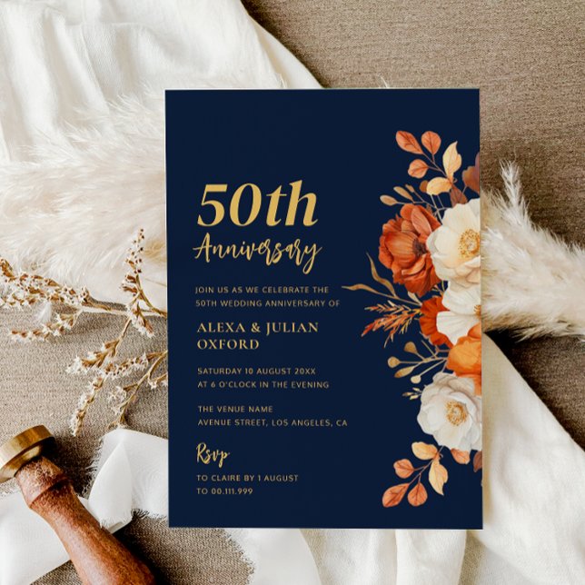Terracotta And Navy Floral Wedding Anniversary Invitation (Creator Uploaded)