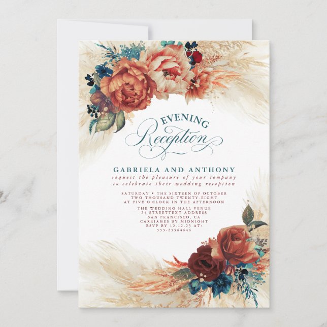 Terracotta and Teal Blue Floral Evening Reception Invitation (Front)