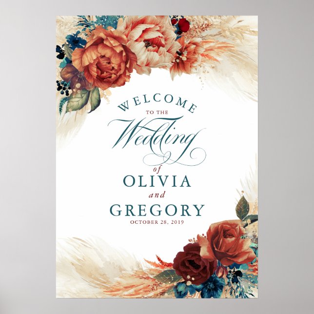 Terracotta and Teal Blue Floral Wedding Welcome Poster (Front)
