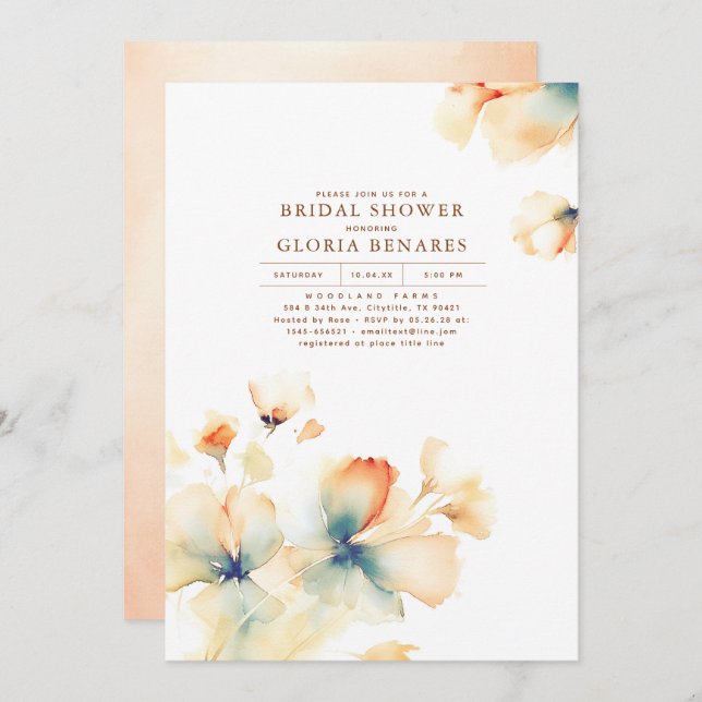 Terracotta and Teal Flowers Modern Bridal Shower Invitation (Front/Back)
