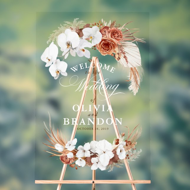 Terracotta and White Boho Floral Wedding Welcome Acrylic Sign (Neutral)