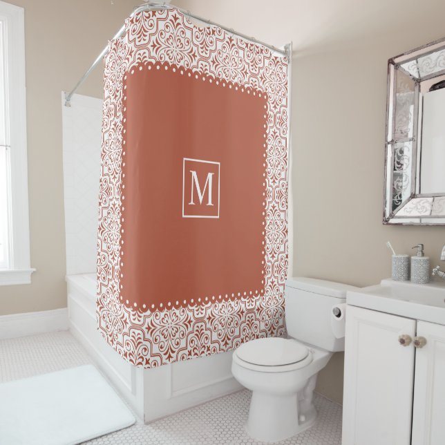 Terracotta and white damask pattern and monogram shower curtain (In Situ)
