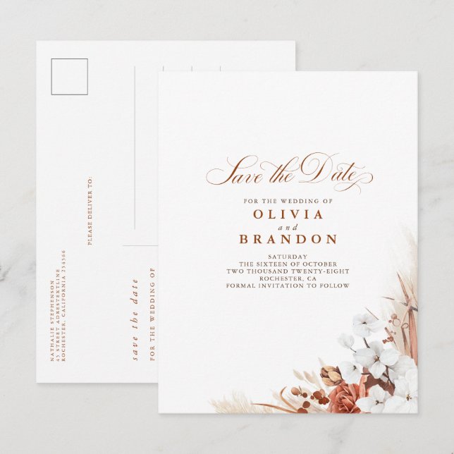 Terracotta and White Floral Boho Save The Date Announcement Postcard (Front/Back)