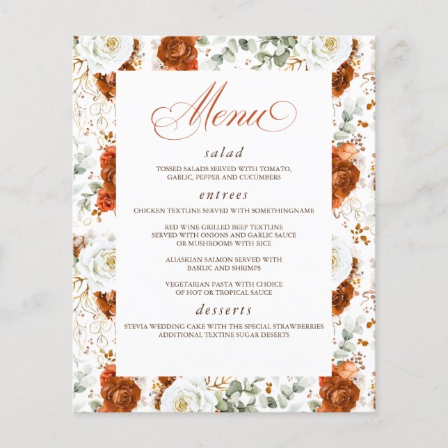 Terracotta and White Floral Elegant Wedding Menu (Front)