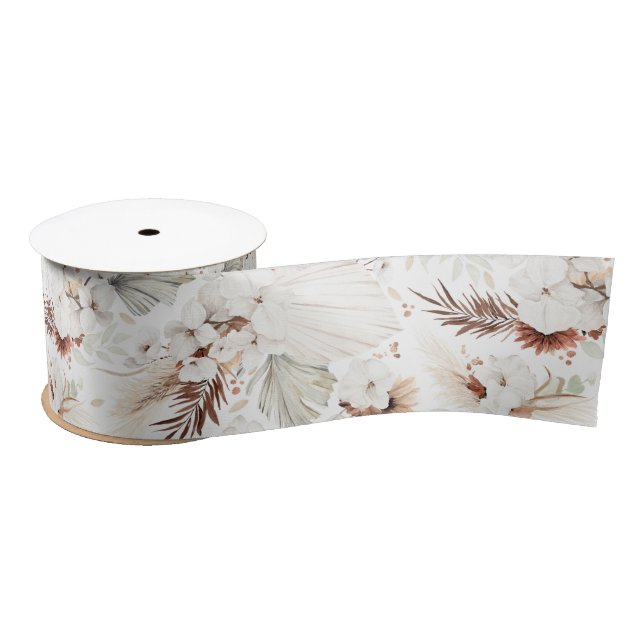 Terracotta and White Flowers Botanical Boho Chic Satin Ribbon (Spool)