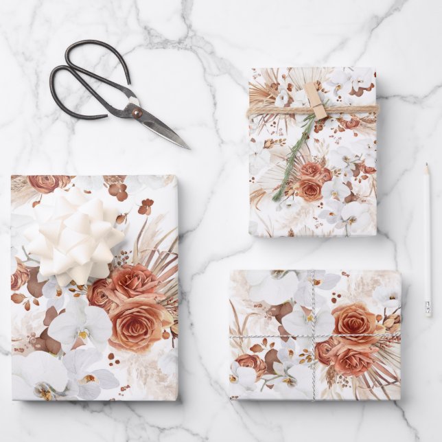 Terracotta and White Flowers Botanical Boho Exotic Wrapping Paper Sheet (Front)