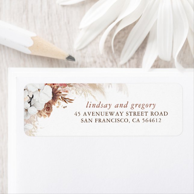 Terracotta and White Flowers Modern Boho Return Address Label (Insitu)