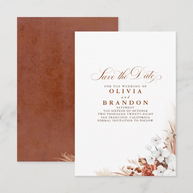 Terracotta and White Flowers Save The Date Announcement (Front/Back)