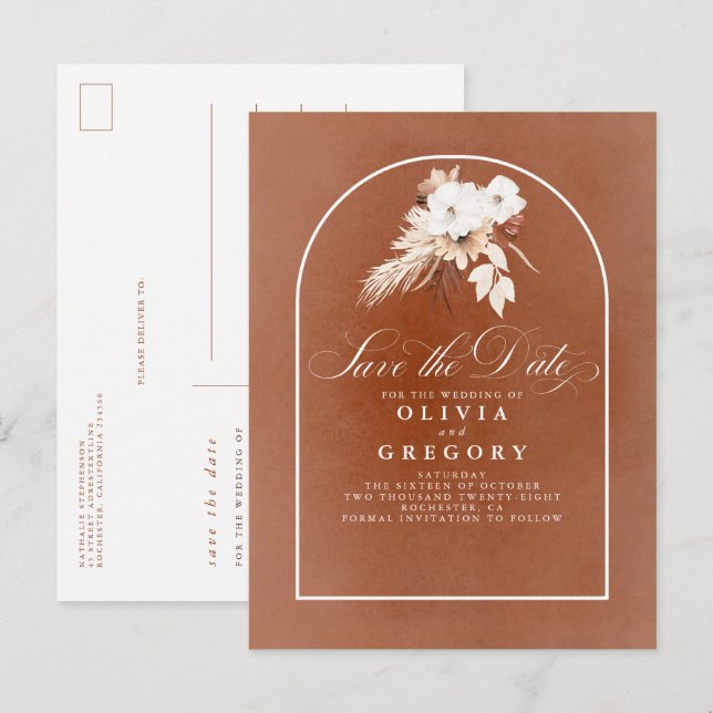 Terracotta and White Flowers Save The Date Announcement Postcard (Front/Back)