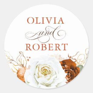 Terracotta and White Modern Floral Boho Wedding Classic Round Sticker