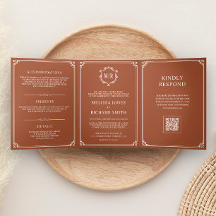 Terracotta and White Monogram QR Code Wedding Tri-Fold Invitation