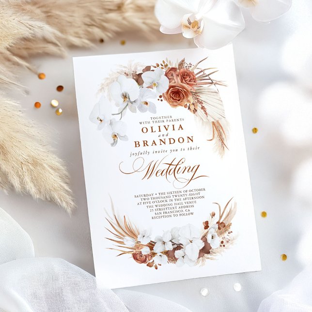 Terracotta and White Orchids Flowers Boho Wedding Invitation (Terracotta Wedding Invitation)