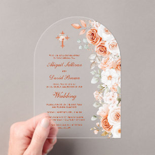 Terracotta and White Roses Arch Religious Wedding Acrylic Invitations