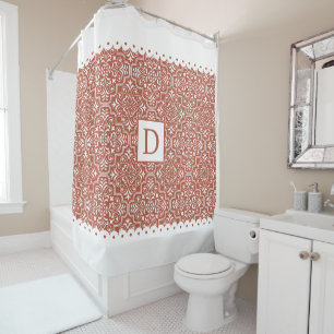 Terracotta and white scalloped borders monogram shower curtain