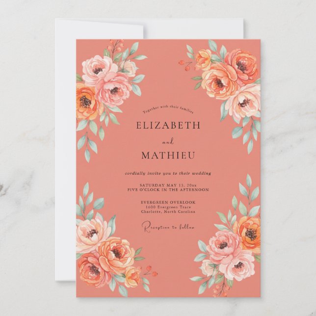 Terracotta Aqua Peony Wedding Invitation (Front)