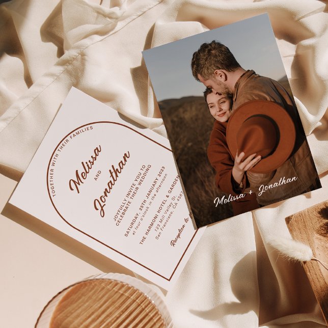 Terracotta Arch & Cursive Script Photo Wedding Invitation (Creator Uploaded)