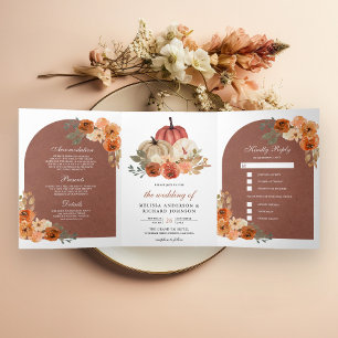 Terracotta Arch Earthy Floral Pumpkin Wedding Tri-Fold Invitation
