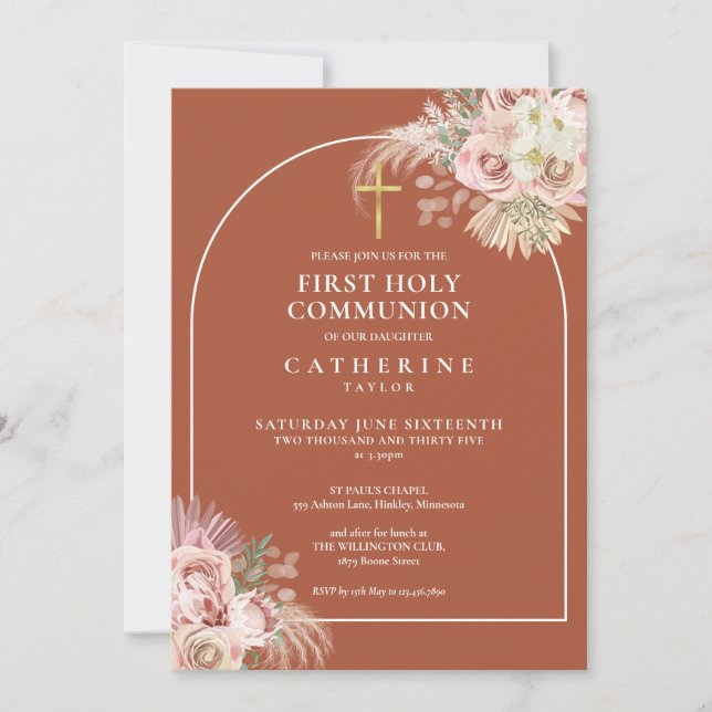 Terracotta Arch Pampas Grass First Holy Communion Invitation (Front)