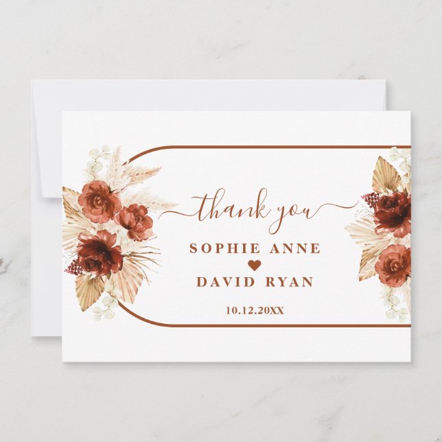 Terracotta Arch Pampas Grass Floral Wedding  Thank You Card (Front)