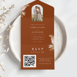 Terracotta Arch Photo Pampas Grass Floral Wedding All In One Invitation