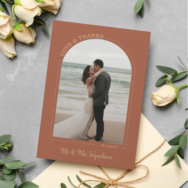 Terracotta Arch Wedding Photo Love & Thanks Thank You Card (Creator Uploaded)