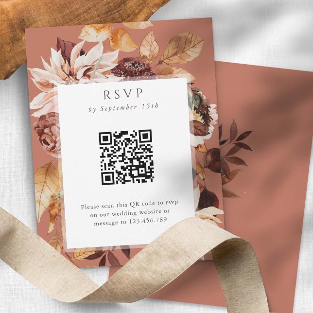 Terracotta Autumn Elegance, Fall Wedding QR code  (Modern Autumn Elegance, QR code fall wedding rsvp cards in terracotta.)