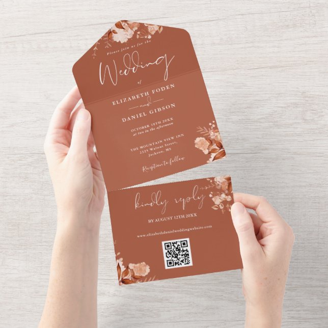 Terracotta Autumn Fall Floral QR Code Wedding All In One Invitation (Tearaway)