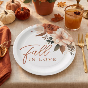 Terracotta Autumn Floral Fall in Love Bridal Paper Plate