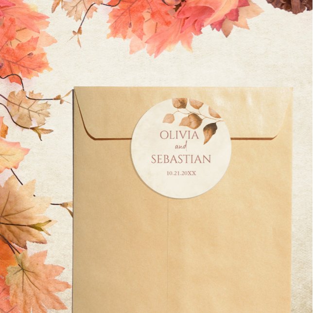 Terracotta Autumn Leaves Boho Fall Wedding Classic Round Sticker (Creator Uploaded)