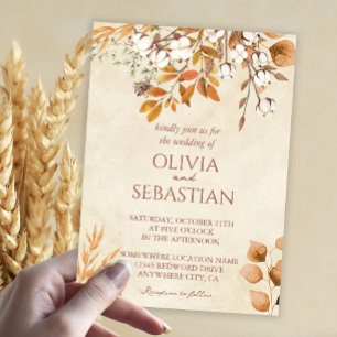 Terracotta Autumn Leaves Boho Fall Wedding Invitation
