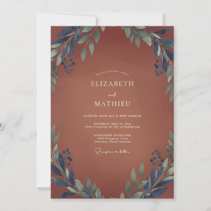 Terracotta Azure Leaf Wedding Invitation